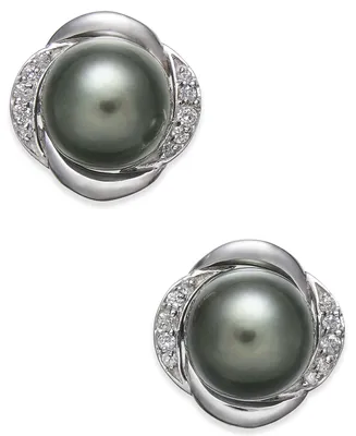 Cultured Tahitian Pearl (8mm) & Diamond (1/8 ct. t.w.) Stud Earrings in 14k White Gold