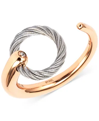 Charriol White Topaz Accent Two-Tone Circle Cuff Ring in Stainless Steel and Rose Gold-Tone Pvd Stainless Steel - Two