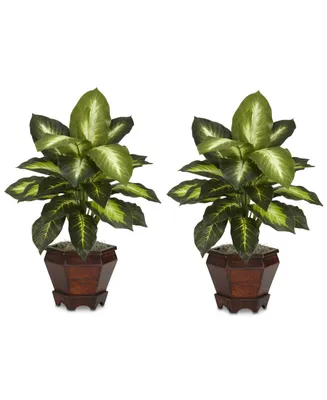 Nearly Natural 2-Pc. Dieffenbachia Plant Set with Wood Vases