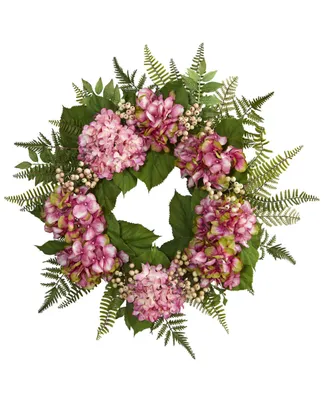 Nearly Natural 24" Pink Hydrangea & Berry Artificial Wreath