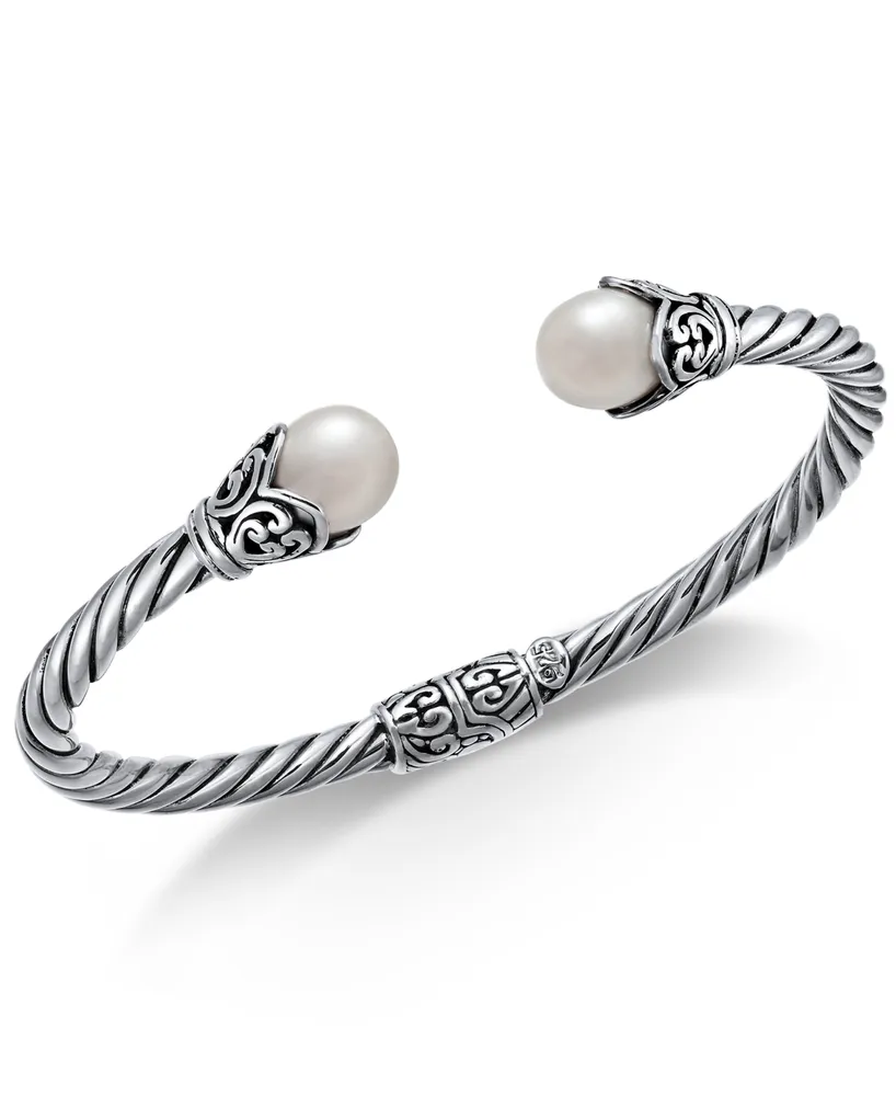 Cultured Freshwater Pearl (8mm) Filigree Bangle Bracelet in Sterling Silver