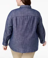 Tommy Hilfiger Plus Cotton Chambray Roll-Sleeve Shirt, Created for Macy's