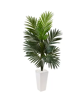 Nearly Natural 4.5' Kentia Palm Artificial Tree in White Tower Planter