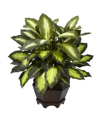Nearly Natural Triple Golden Dieffenbachia Artificial Plant in Wood Vase