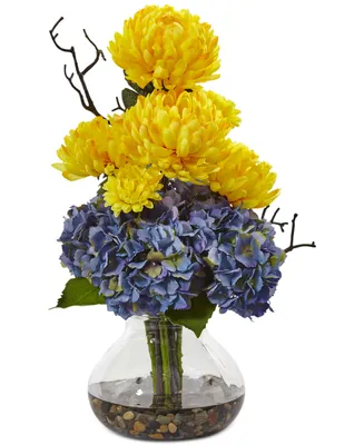 Nearly Natural Hydrangea & Mum Artificial Arrangement in Vase
