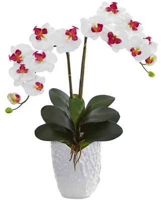 Nearly Natural Double Phalaenopsis Orchid Artificial Arrangement in White Ceramic Vase