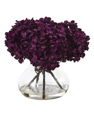 Nearly Natural 8.5"H Hydrangea Artificial Flower Arrangement with Glass Vase