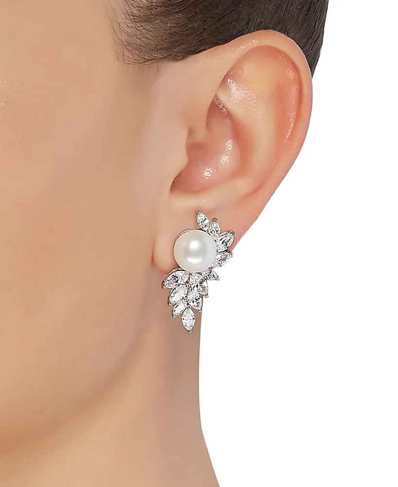 Arabella Cultured Freshwater Pearl (10mm) & Cubic Zirconia Drop Earrings in Sterling Silver