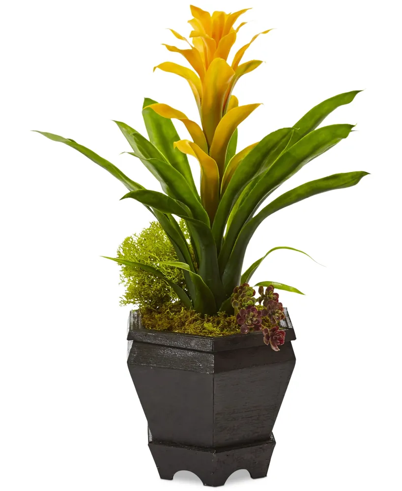 Nearly Natural Bromeliad Artificial Plant in Black Hexagon Planter