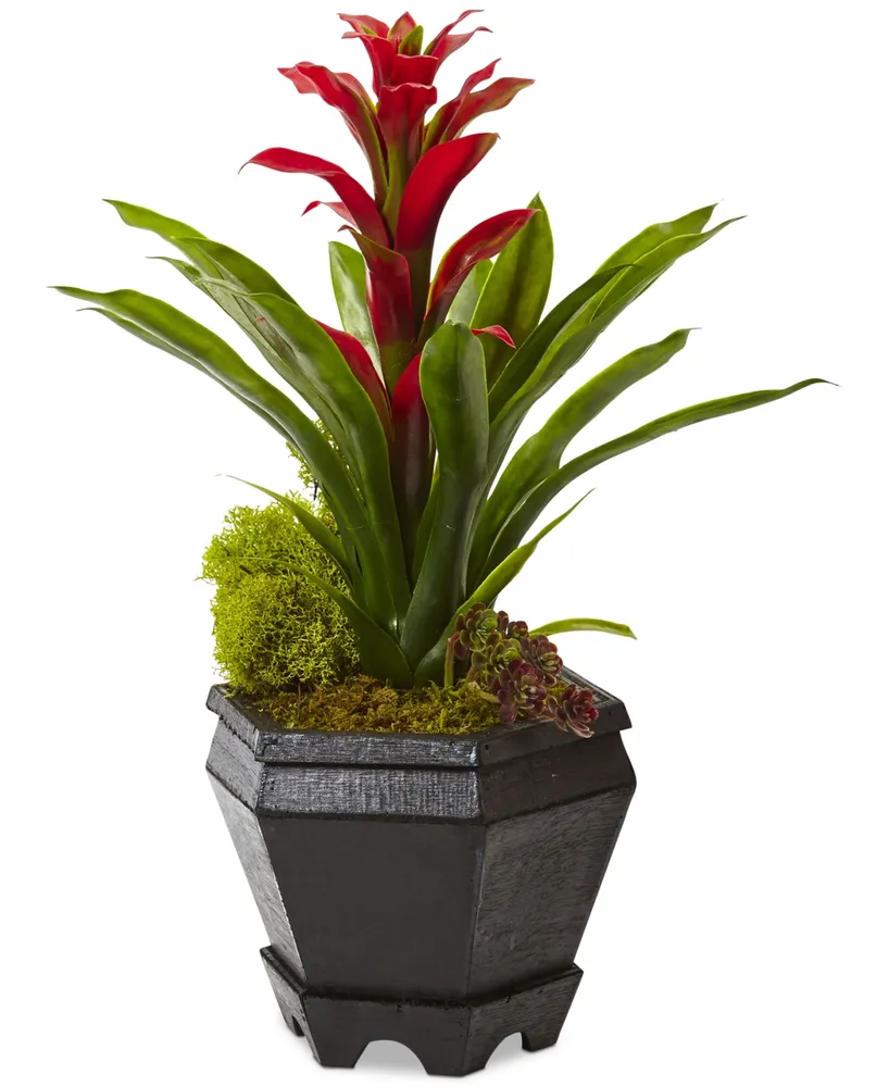 Nearly Natural Bromeliad Artificial Plant Black Hexagon Planter