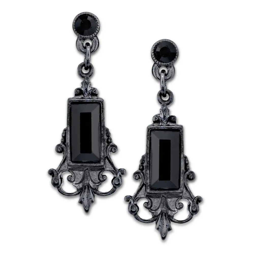 2028 Black-Tone Black Rectangle Crystal Drop Earrings