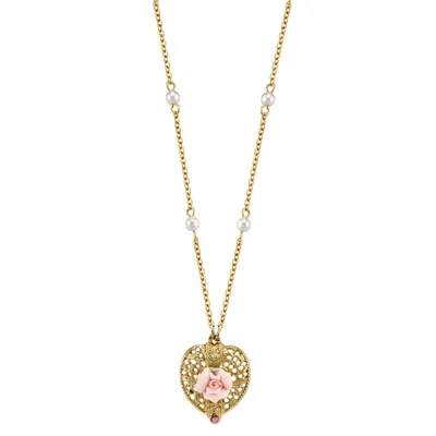 2028 Gold-Tone Pink Crystal Heart and Pink Porcelain Rose Filigree Necklace 16" Adjustable