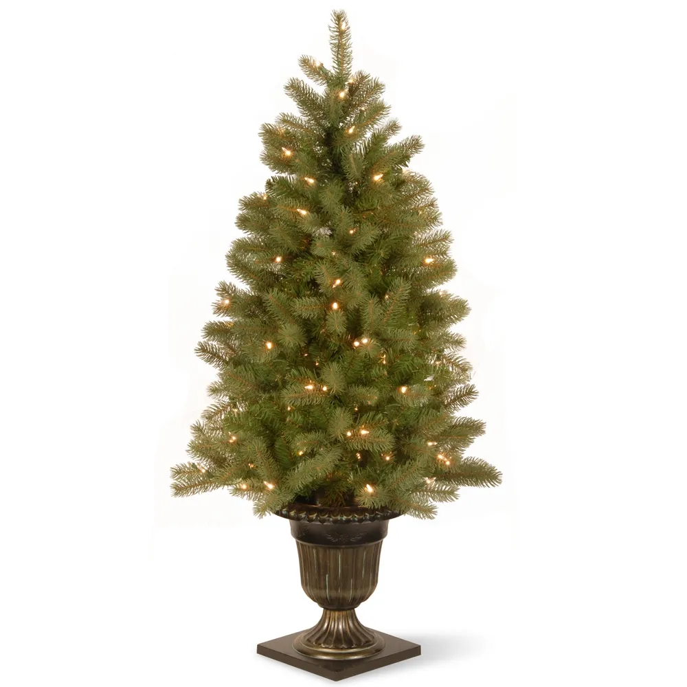 National Tree 4' "Feel Real" Downs-wept Douglas Fir Entrance Tree with 100 Clear Lights Dark Bronze Plastic Pot