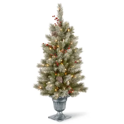 National Tree Company 4' Feel Real Snowy Bristle Berry Entrance Tree in Silver Brushed Urn with Red Berries, Mixed Cones & 100 Clear Lights