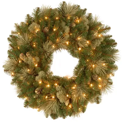 National Tree Company 30" Carolina Pine Wreath with 14 Flocked Cones and 100 Clear Lights