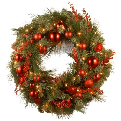 National Tree 24" Decorative Collection Chrisas Red Mixed Wreaths with 50 Soft White Battery Operated LEDs with Timer