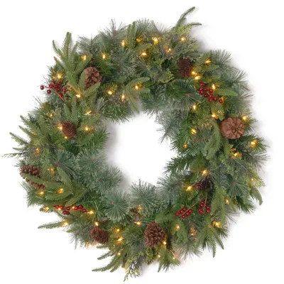 National Tree 30" "Feel Real" Colonial Wreath with Berries, Cones and 50 Clear Lights