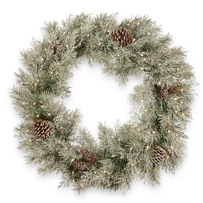 National Tree Company 30" Feel Real Frosted Mountain Spruce Wreath with Cones & 100 Warm White Battery Operated Led Lights w/Timer