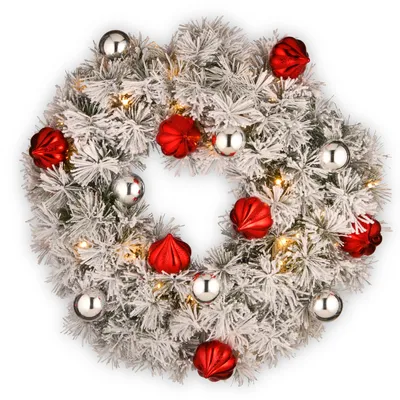 National Tree Company 24" Snowy Bristle Pine Wreaths with Red & Silver Ornaments & 50 Warm White Battery Operated Led Lights w/Timer