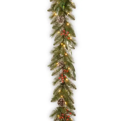 National Tree Company 9' x 12" Frosted Pine Berry Collection Garlands w/ Cones, Red Berries, Silver Glittered Eucalyptus Leaves & 70 Clear Lights