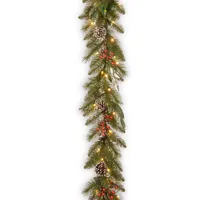 National Tree Company 9' x 12" Frosted Pine Berry Collection Garlands w/ Cones, Red Berries, Silver Glittered Eucalyptus Leaves & 70 Clear Lights