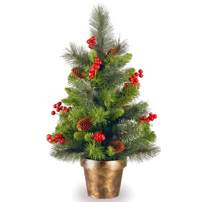 National Tree Company 2' Crestwood Spruce Small Tree with Silver Bristle, Cones, Red Berries and Glitter in a Bronze Plastic Pot
