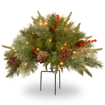 National Tree Company 18" Feel Real Colonial Urn Filler with Cones, Red Berries & Tripod Stake & 35 Warm White Battery Operated Led Lights w/Timer