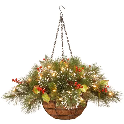 National Tree 20" Wintry Pine(R) Hanging Basket with Battery Operated Warm White Led Lights