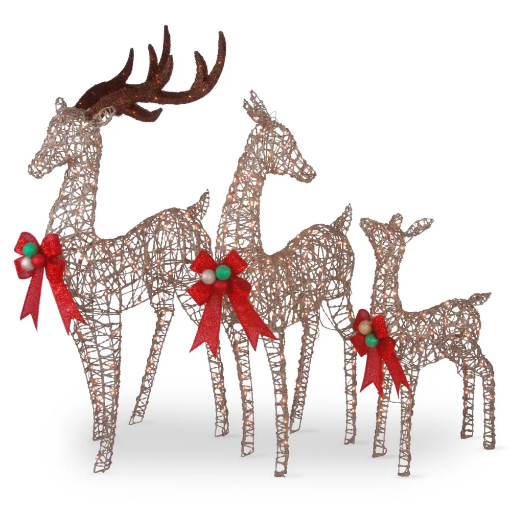 National Tree Company 60", 52" & 36" Champagne Glittered Deer Family of 3 with Clear Lights