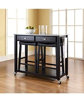 Solid Granite Top Kitchen Cart Island With 24" Upholstered Saddle Stools