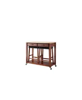 Natural Wood Top Kitchen Cart Island With 24" Upholstered Saddle Stools