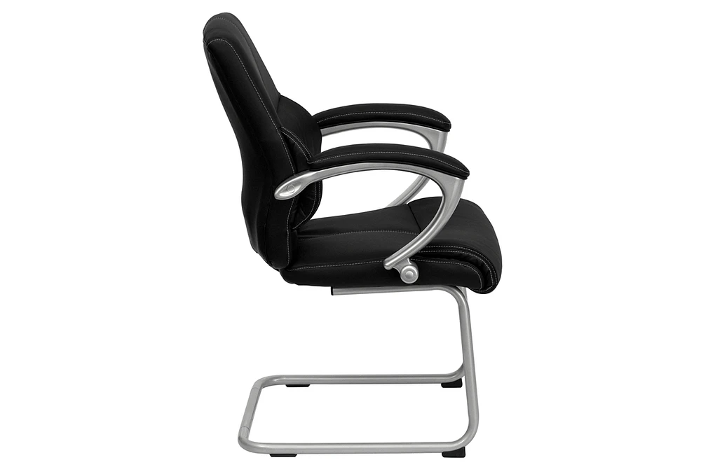 Black Leather Executive Side Reception Chair With Silver Sled Base