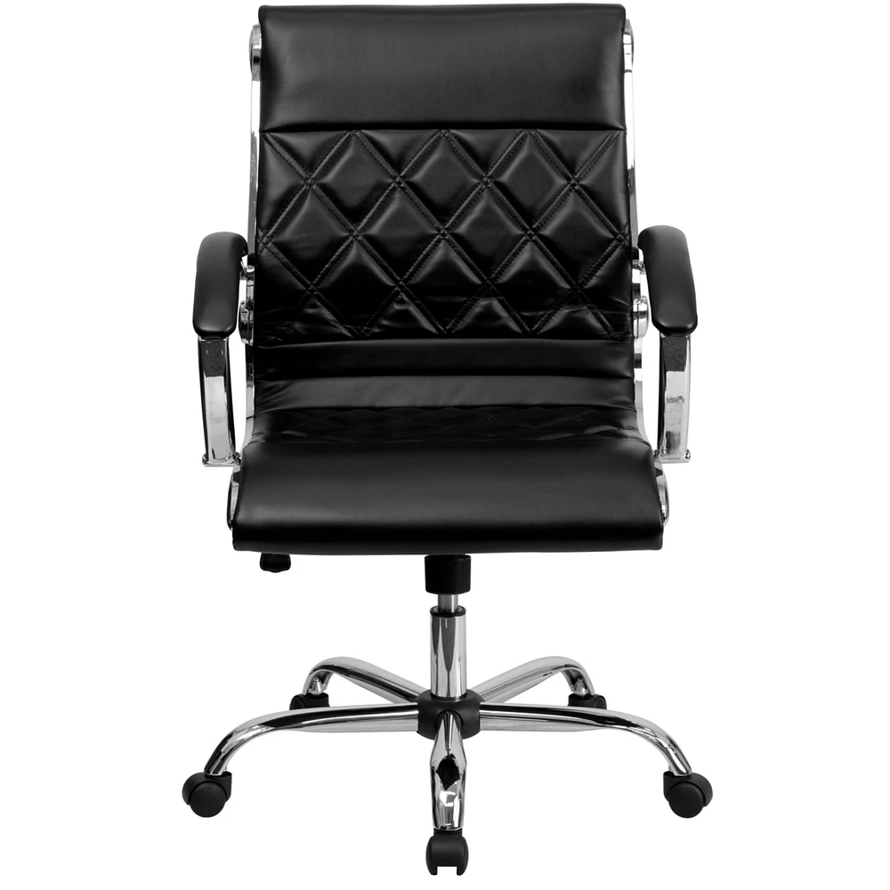 Mid-Back Designer Leather Executive Swivel Chair With Chrome Base And Arms