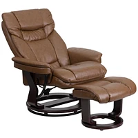 Contemporary Palimino Leather Recliner And Ottoman With Swiveling Mahogany Wood Base