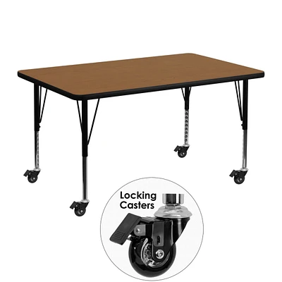 Mobile 30''W X 48''L Rectangular Oak Thermal Laminate Activity Table - Height Adjustable Short Legs