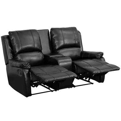 Allure Series 2-Seat Reclining Pillow Back Black Leather Theater Seating Unit With Cup Holders