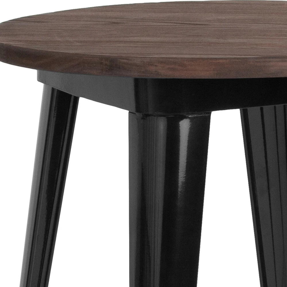 24" Round Black Metal Indoor Table With Walnut Rustic Wood Top