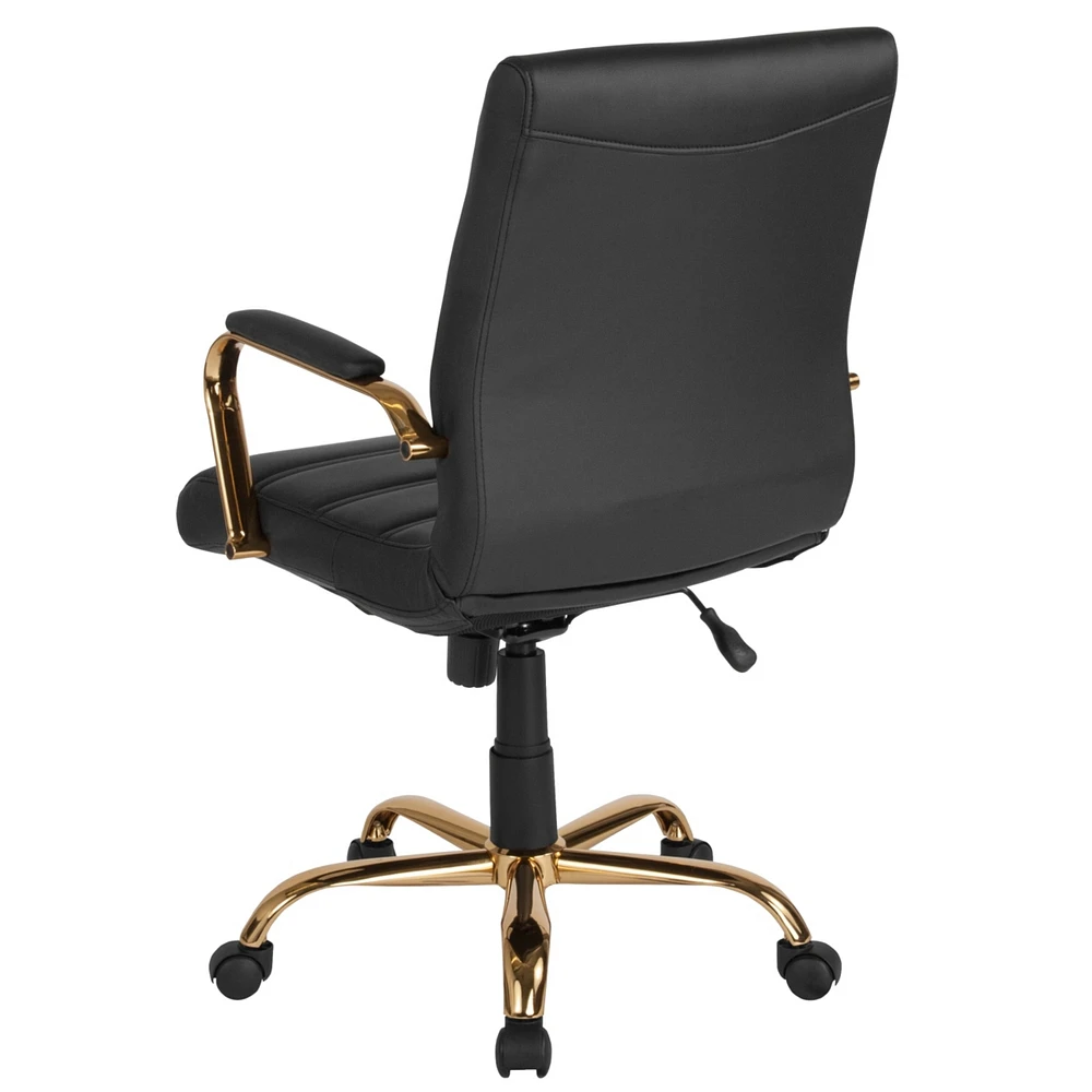 Mid-Back Black Leather Executive Swivel Chair With Gold Frame And Arms