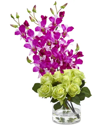 Nearly Natural Rose & Dendrobium Orchid Artificial Arrangement in Vase