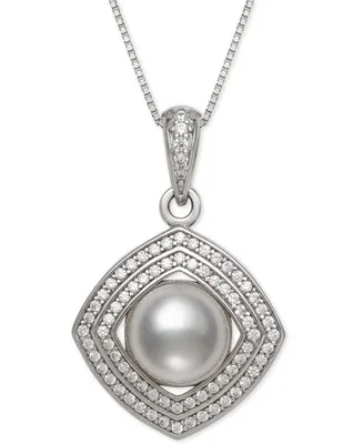 Cultured Freshwater Pearl (8mm) & Cubic Zirconia 18" Pendant Necklace in Sterling Silver