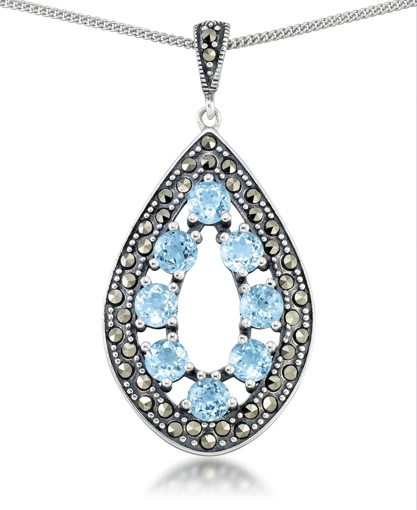 Blue Topaz (2-3/8 ct. t.w.) & Marcasite Teardrop Pendant on 18" Chain in Sterling Silver