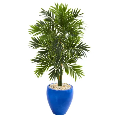 Nearly Natural 4' Areca Palm Artificial Tree in Glazed Blue Planter