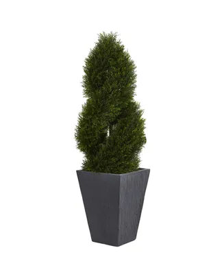 Nearly Natural 4' Cypress Double Spiral Topiary Artificial Tree in Slate Planter Uv Resistant