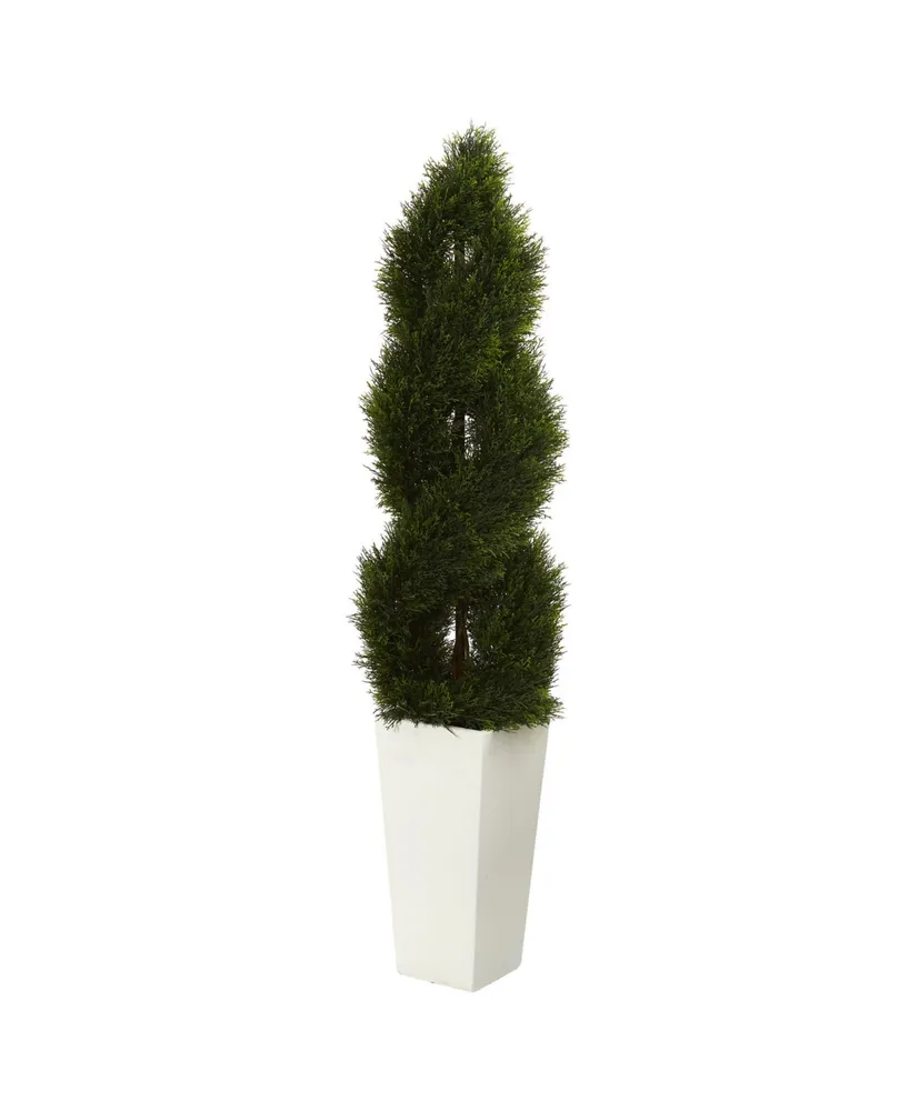 Nearly Natural 5.5' Double Pond Cypress Spiral Topiary Artificial Tree in White Tower Planter Uv Resistant