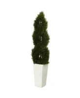 Nearly Natural 5.5' Double Pond Cypress Spiral Topiary Artificial Tree in White Tower Planter Uv Resistant