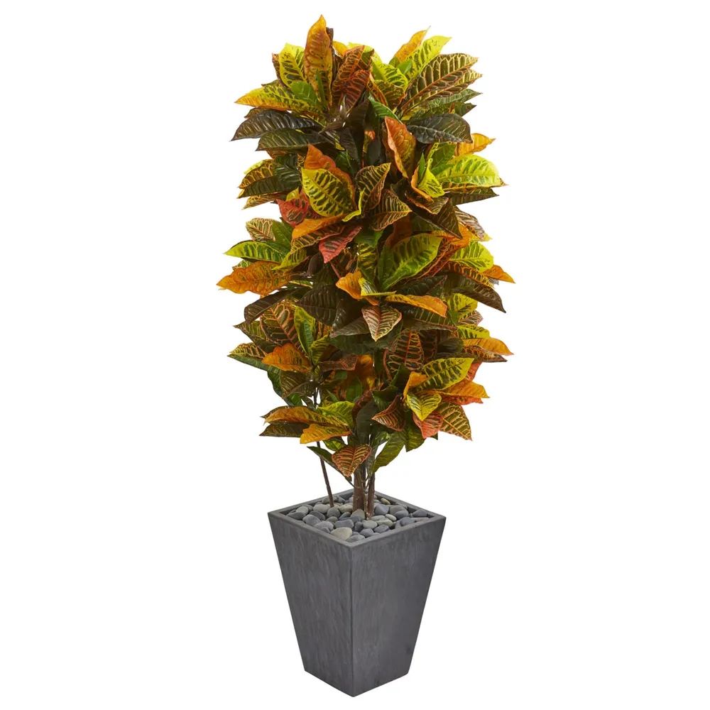 Nearly Natural 5.5' Croton Artificial Plant in Slate Planter - Real Touch