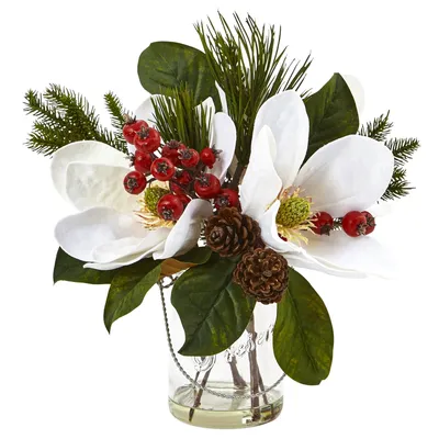 Nearly Natural Magnolia, Pine, and Berry Holiday Arrangement in Glass Vase