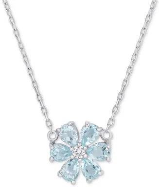 Blue Topaz (1-1/5 ct. t.w.) & White Topaz Accent Flower 18" Pendant Necklace in Sterling Silver