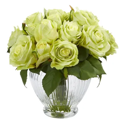 Nearly Natural 9" Rose Artificial Floral Arrangement in Elegant Glass Vase