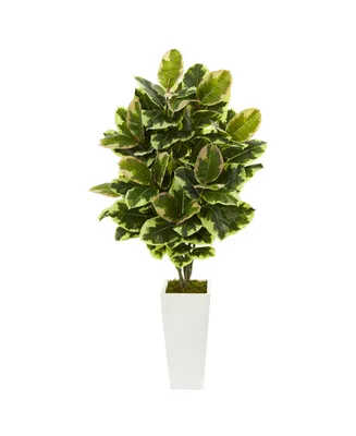 Nearly Natural Variegated Rubber Leaf Artificial Plant in White Tower Vase